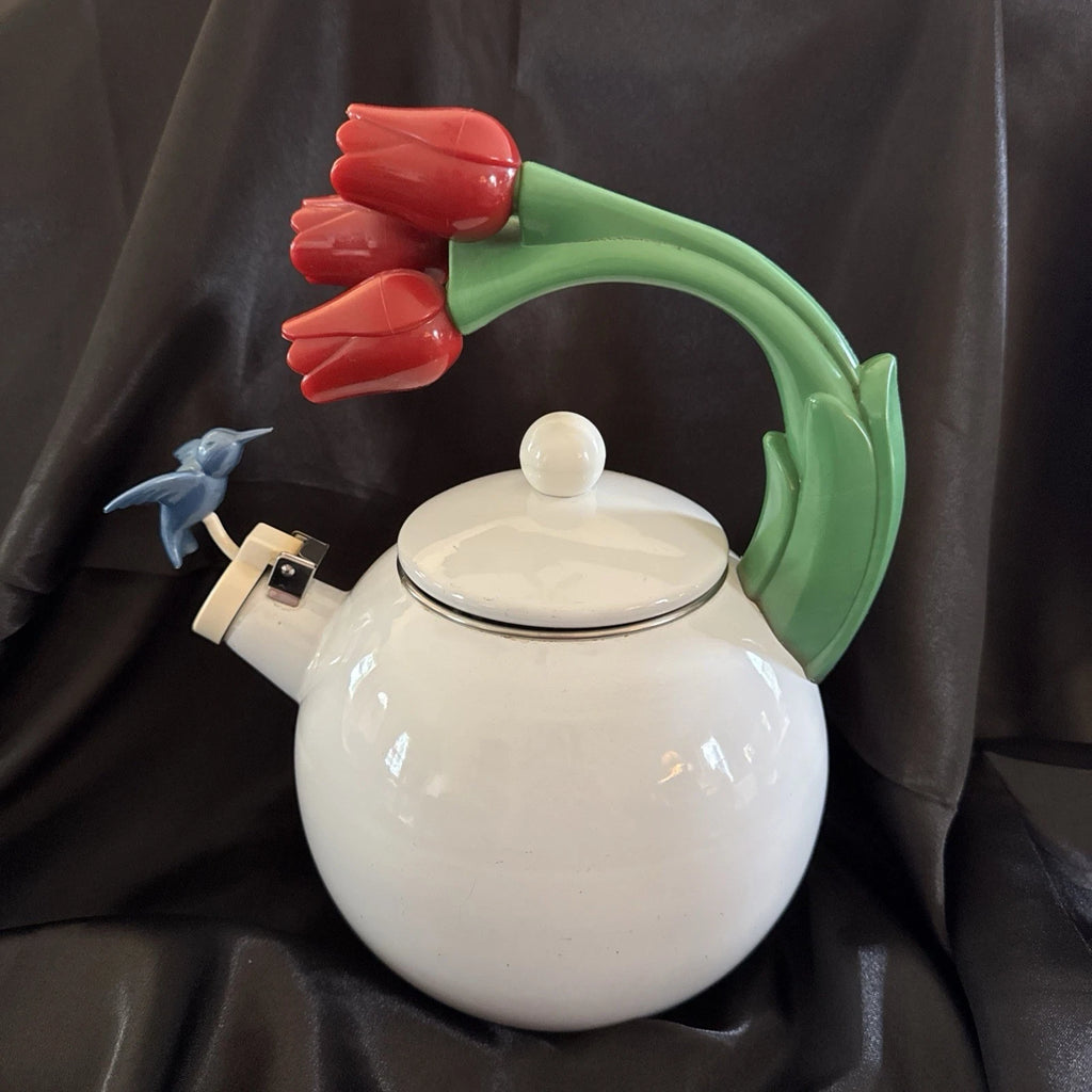 VTG Ancona White Enamel Tea Kettle Blue Hummingbird Red Tulips Teapot Whistles | eBay