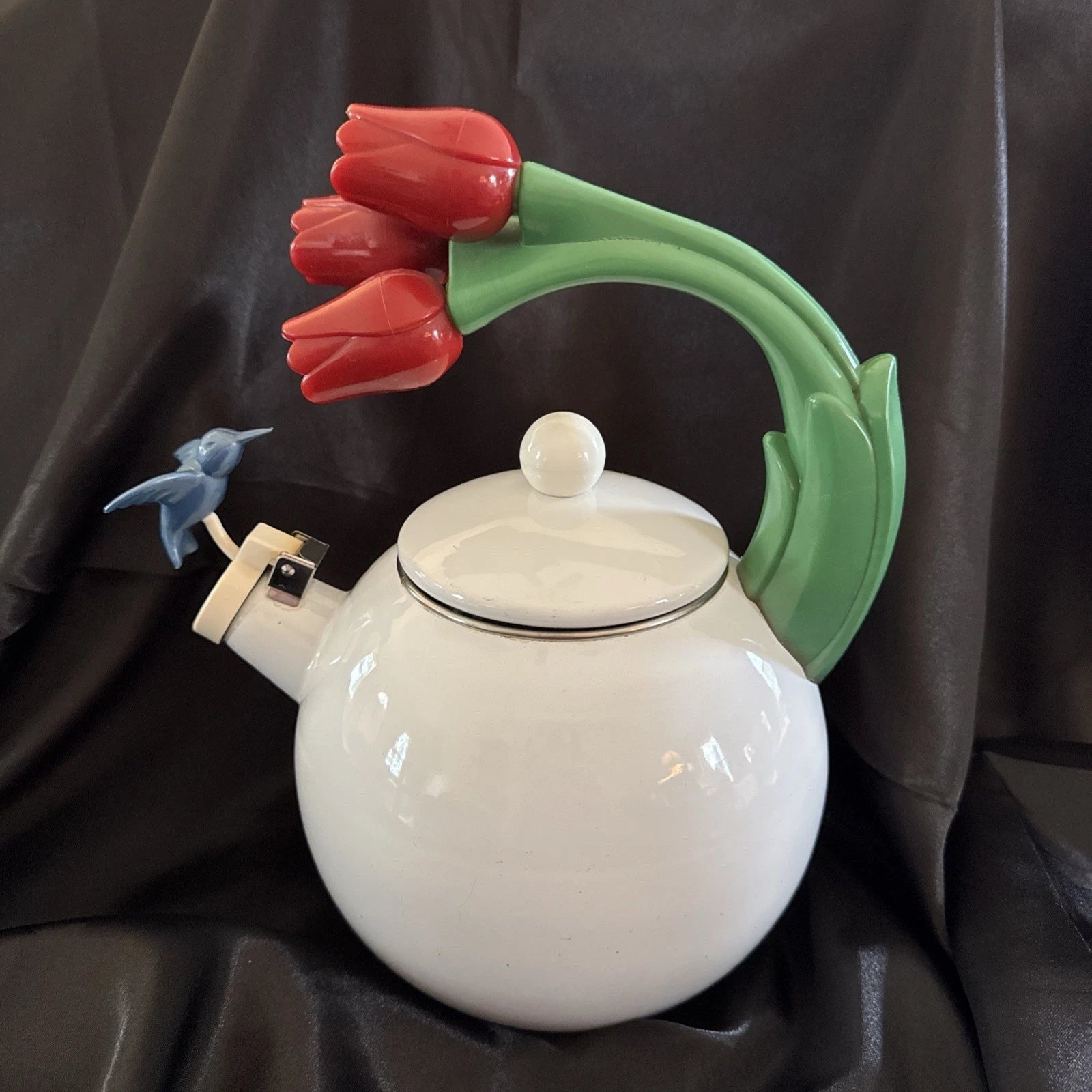 VTG Ancona White Enamel Tea Kettle Blue Hummingbird Red Tulips Teapot Whistles | eBay