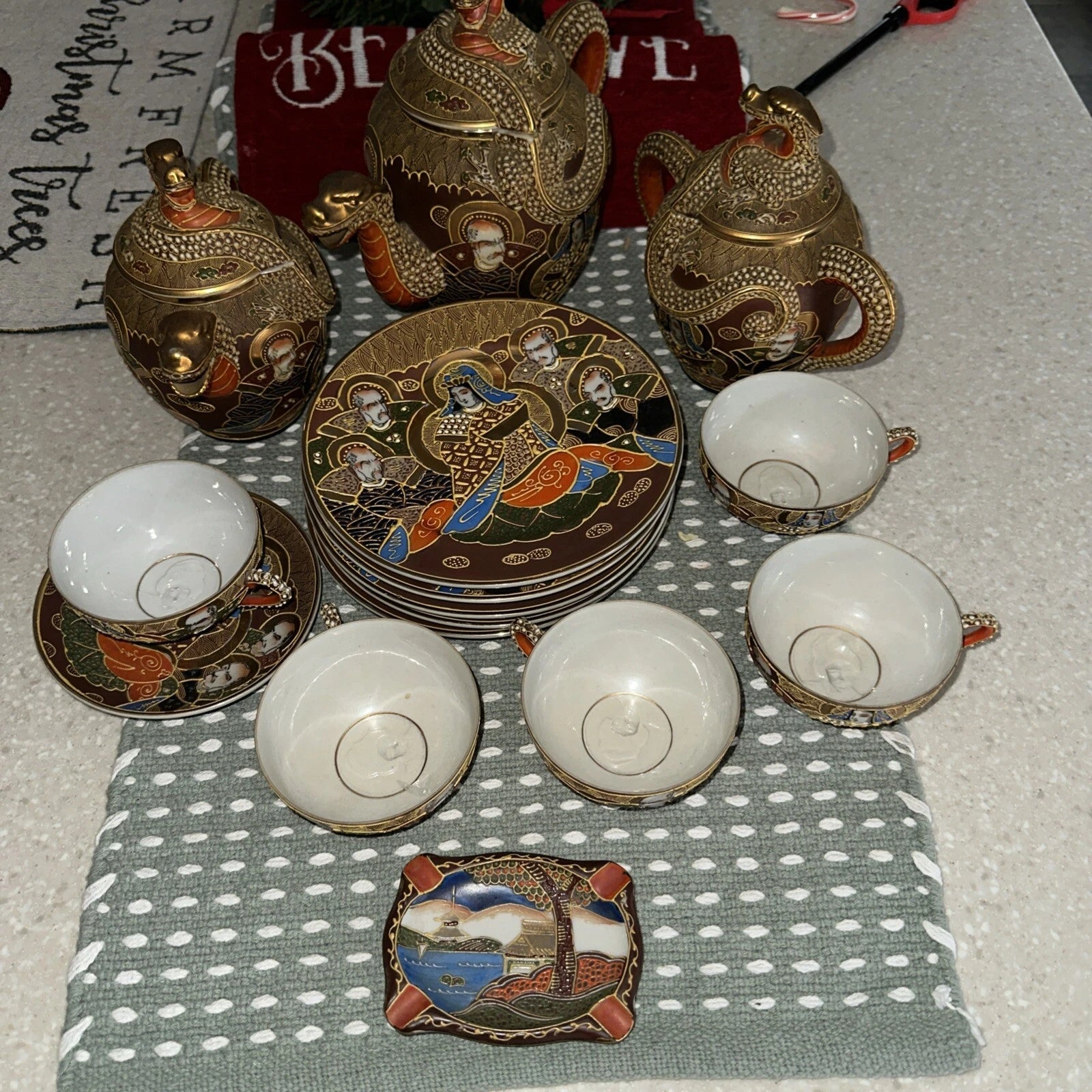 ANTIQUE 17 JAPANESE SATSUMA TEA SET PORCELAIN DRAGON-WARE MORIAGE RAISED ENAMEL | eBay