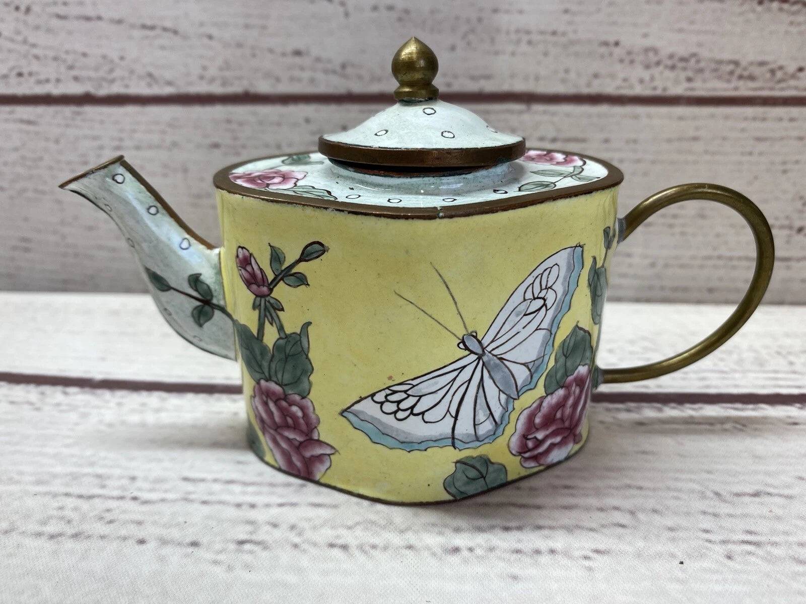 Miniature Enamel Handpainted Teapot - Floral with Butterflies - Unknown Artist | eBay