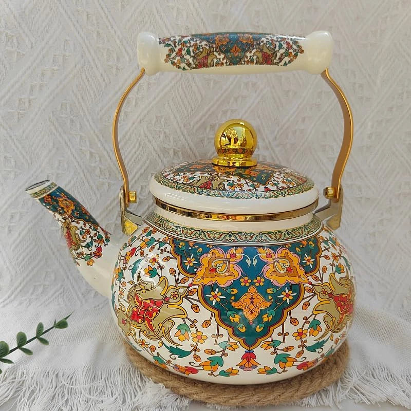 Floral Enamel Tea Kettle Vintage Gold Beige Teapot Colorful Boho Hot Water | eBay