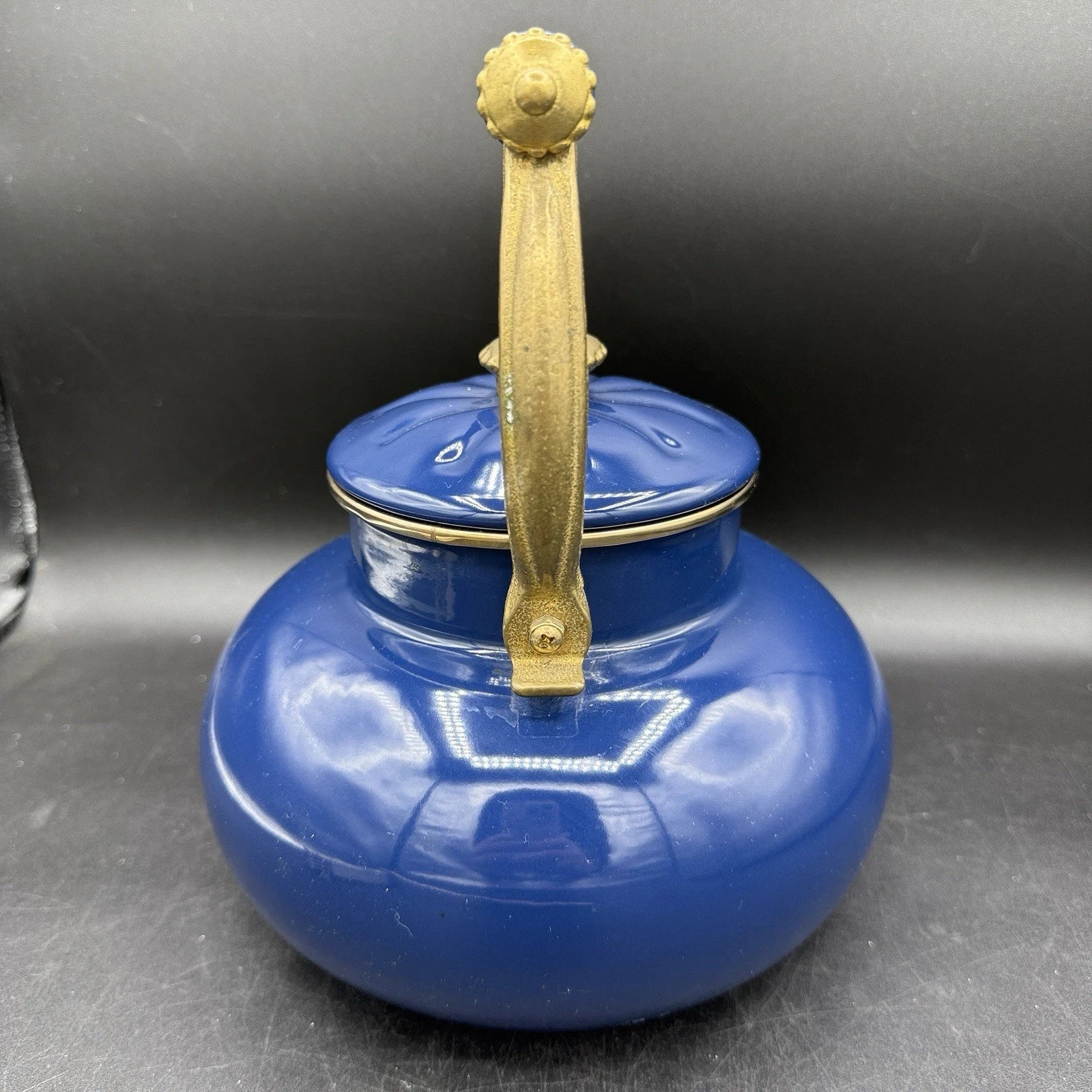 Vintage Ancona Blue Enamel Teapot Kettle with Brass Handle Accents 90s French | eBay