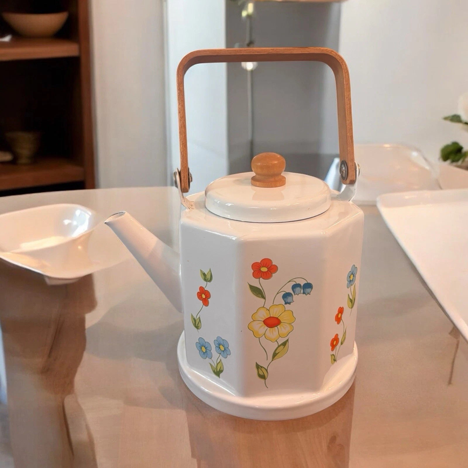 Vintage Tea Kettle Kamenstein White Enamel Bohemian Floral Tea Pot Japan Retro | eBay