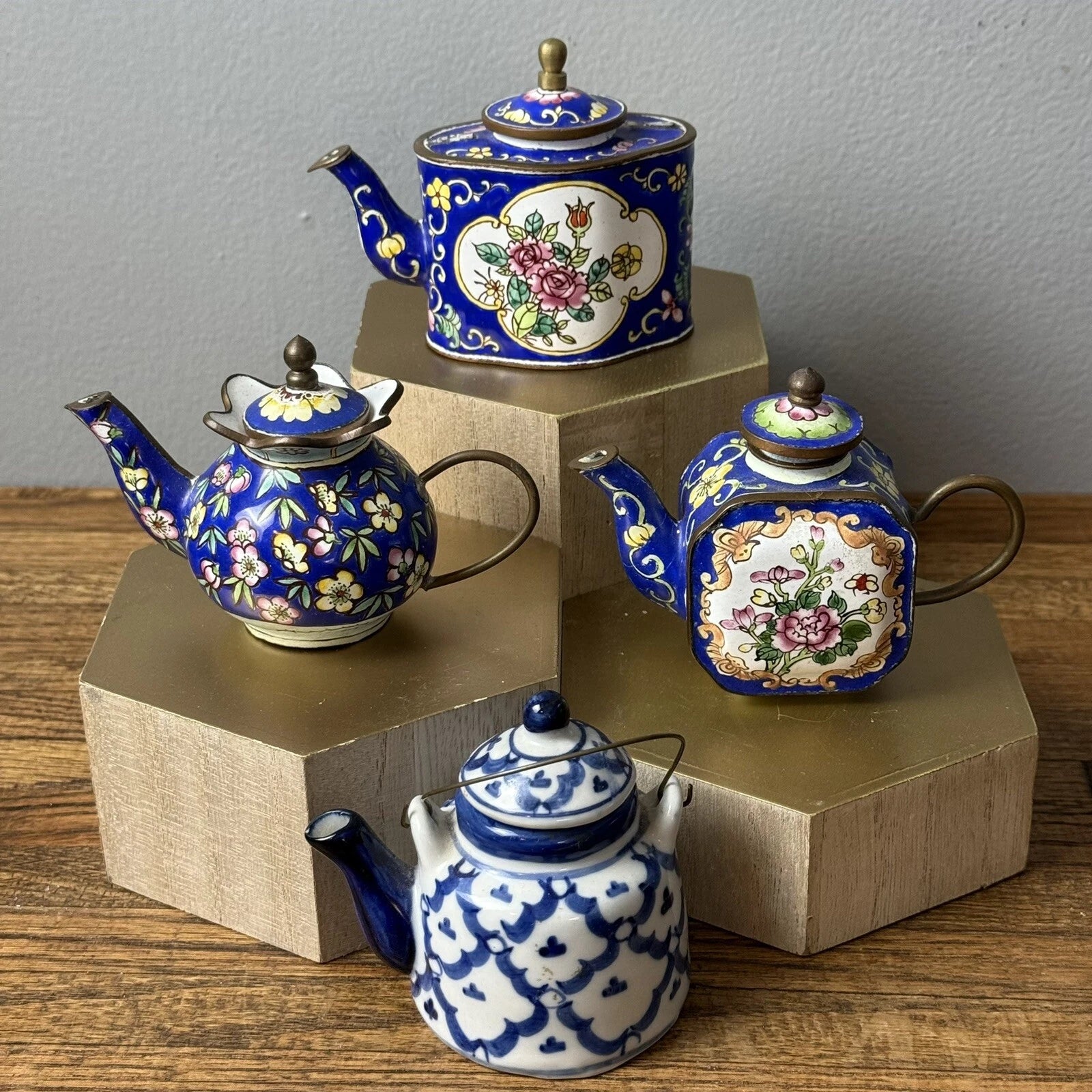 Miniature Decorative Enamel on Brass Tea Pots 3, 1 Porcelain READ | eBay