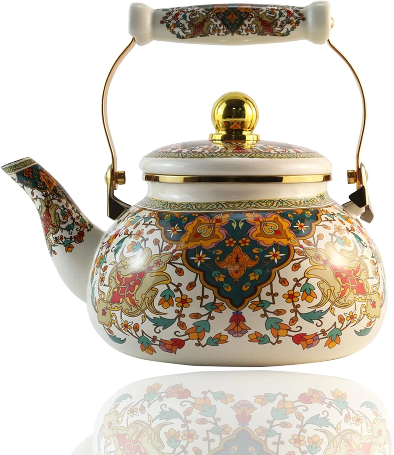 Floral Enamel Tea Kettle Vintage Gold Beige Teapot Colorful Boho Hot Water | eBay