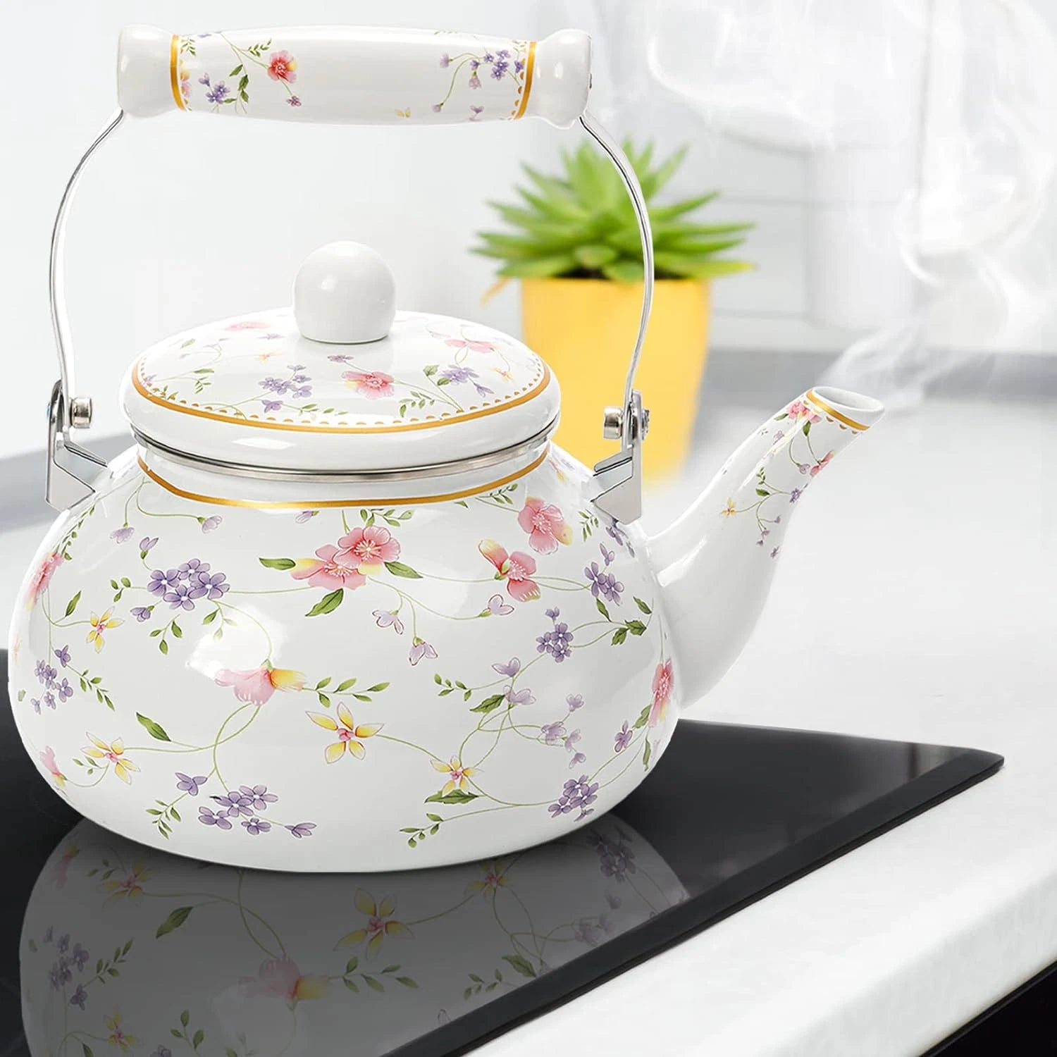 Vintage Enamel Tea Kettle 2.6 Quart Floral Enamel on Steel Water Teapot Porcelai | eBay