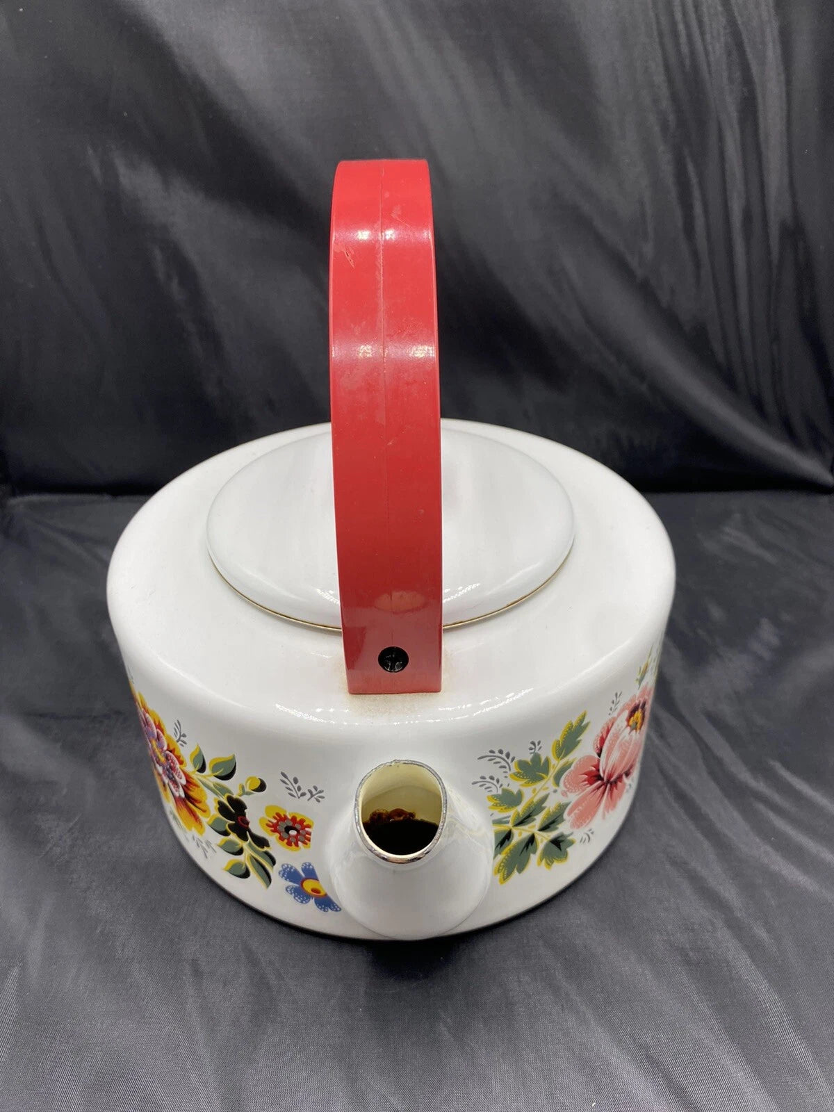 Enamel TEAPOT Kettle Floral Mid-Century Modern Red Round Handle Vintage | eBay