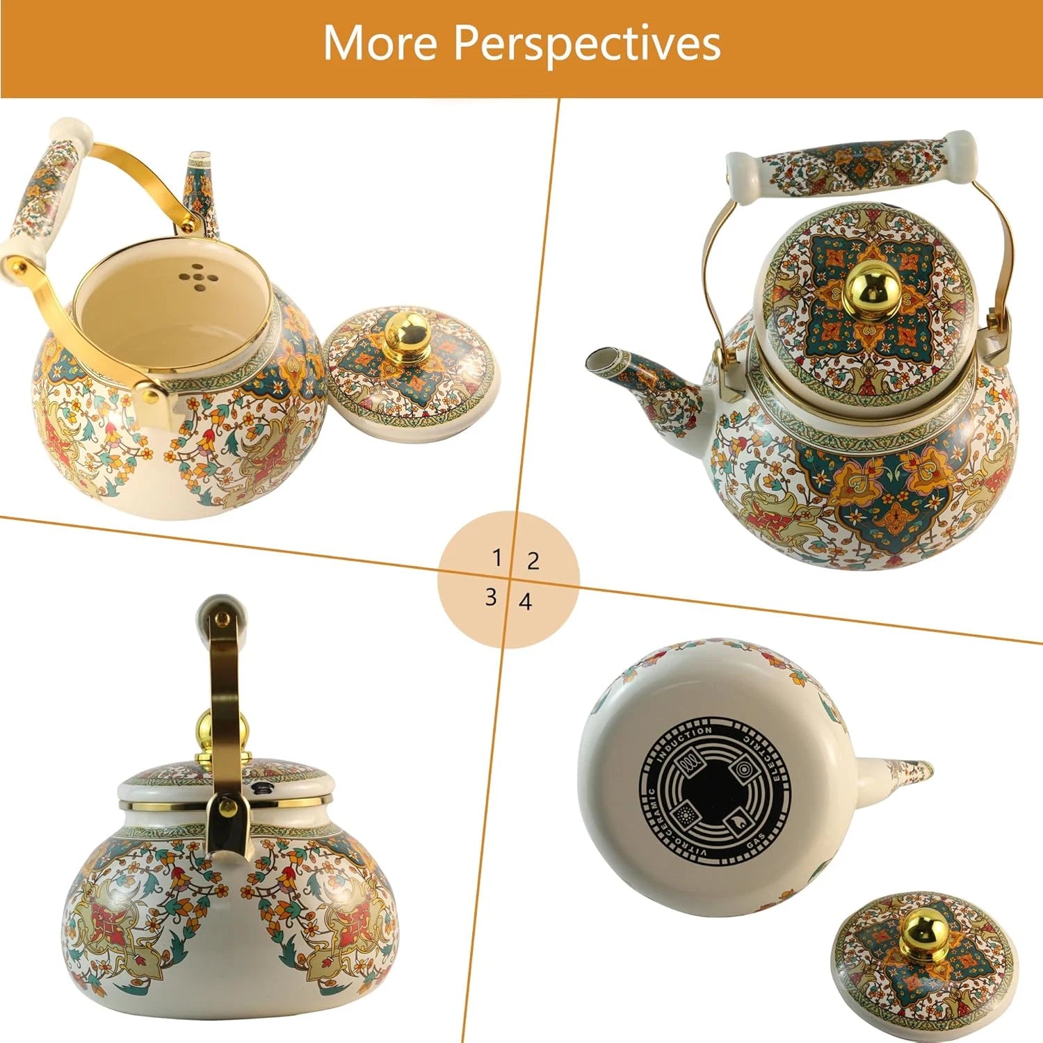 Floral Enamel Tea Kettle Vintage Gold Beige Teapot Colorful Boho Hot Water | eBay