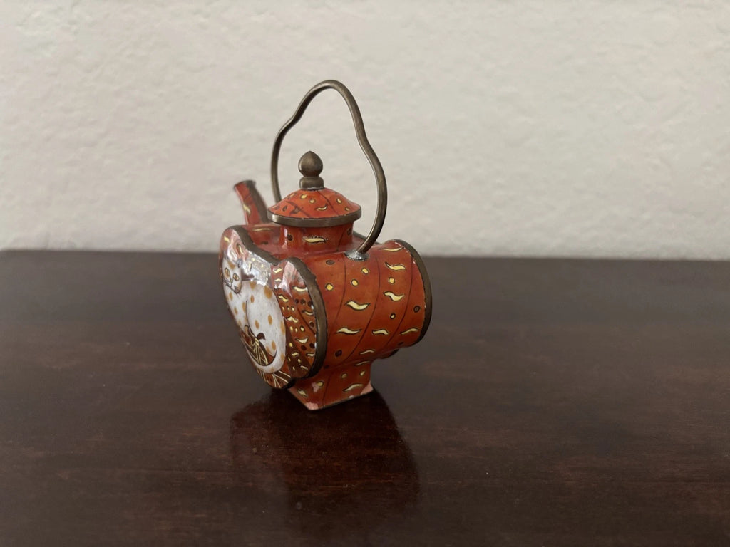 Miniature Enamel Teapot White Cat on Red Background | eBay