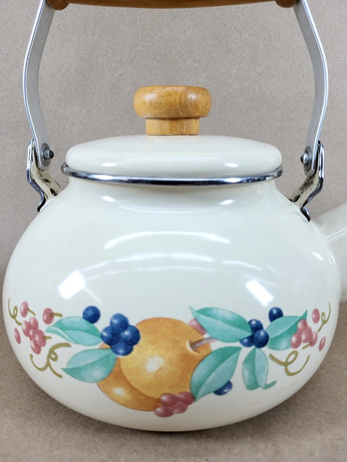 Vintage Lincoware Off White Cream Enamel Metal Fruit Motif Teapot Tea Kettle | eBay