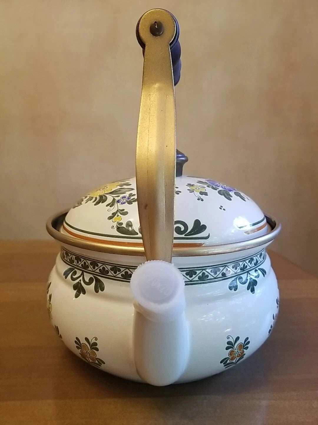ASTA Enamelware Tea Kettle Teapot Brass Handles Floral Vintage UNUSED Germany | eBay