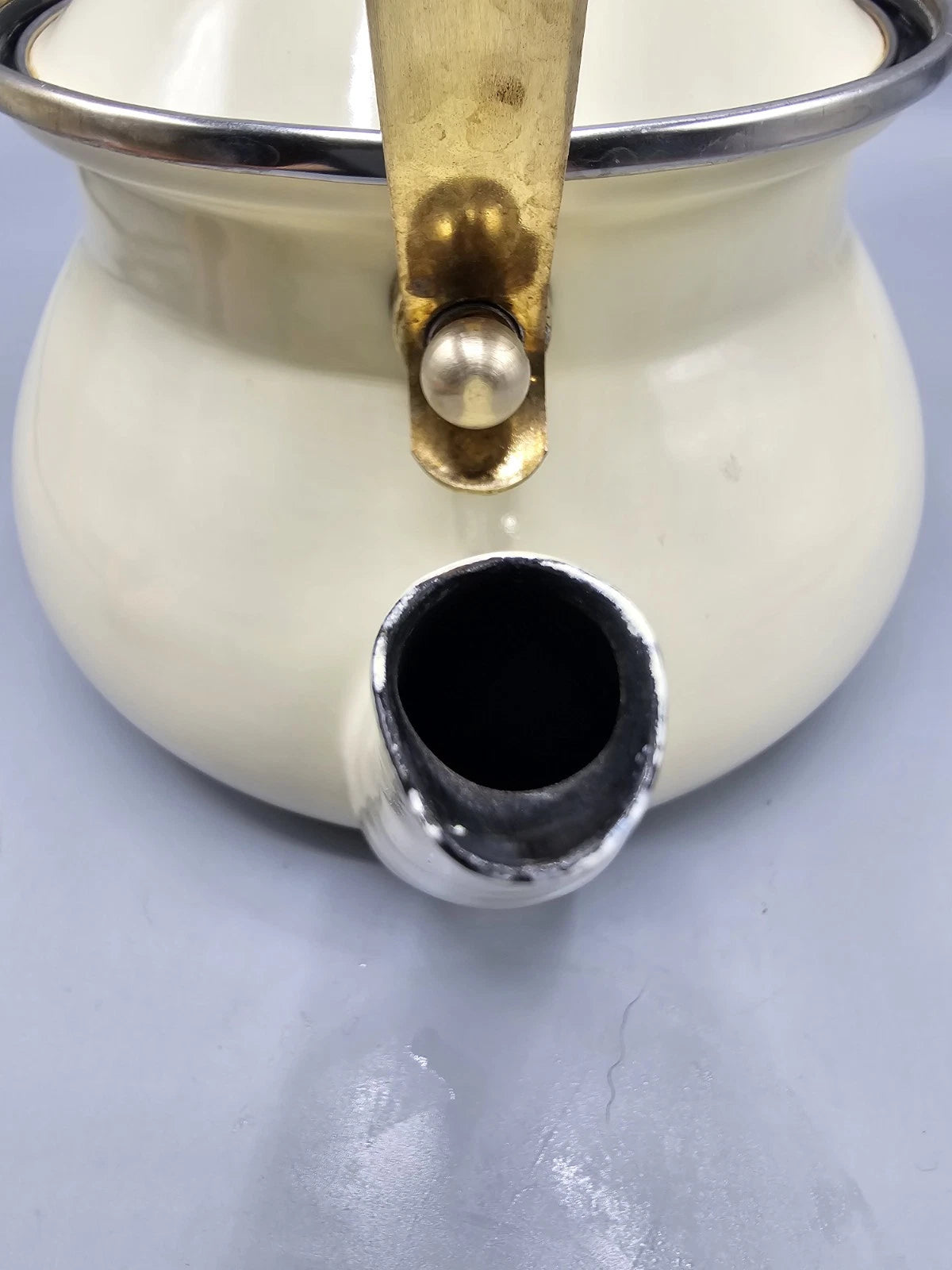 Vintage Cream Enamel Soft Gold Brass Tone Teapot Elegant Farmhouse Country | eBay