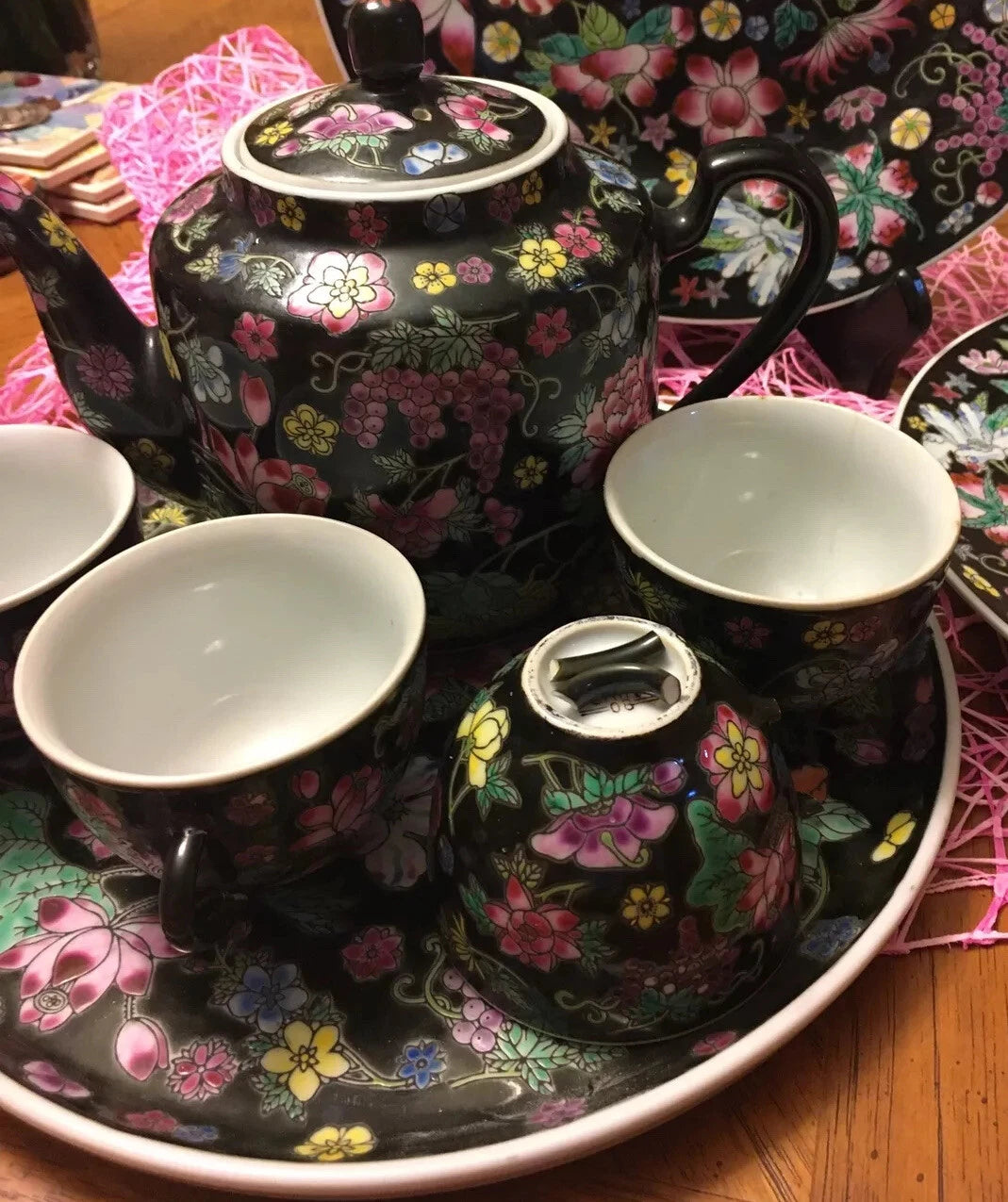 Chinese Millefleur Famille Noire Black Porcelain Enamel Teapot Cups Tray | eBay