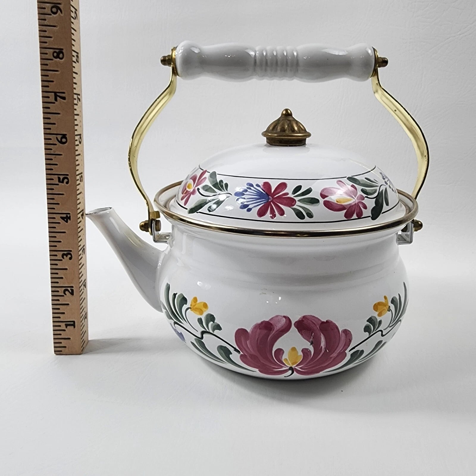 Enamel Tea Kettle Pot Metal Pennsylvania Dutch Floral Brass Knob Ceramic Handle | eBay