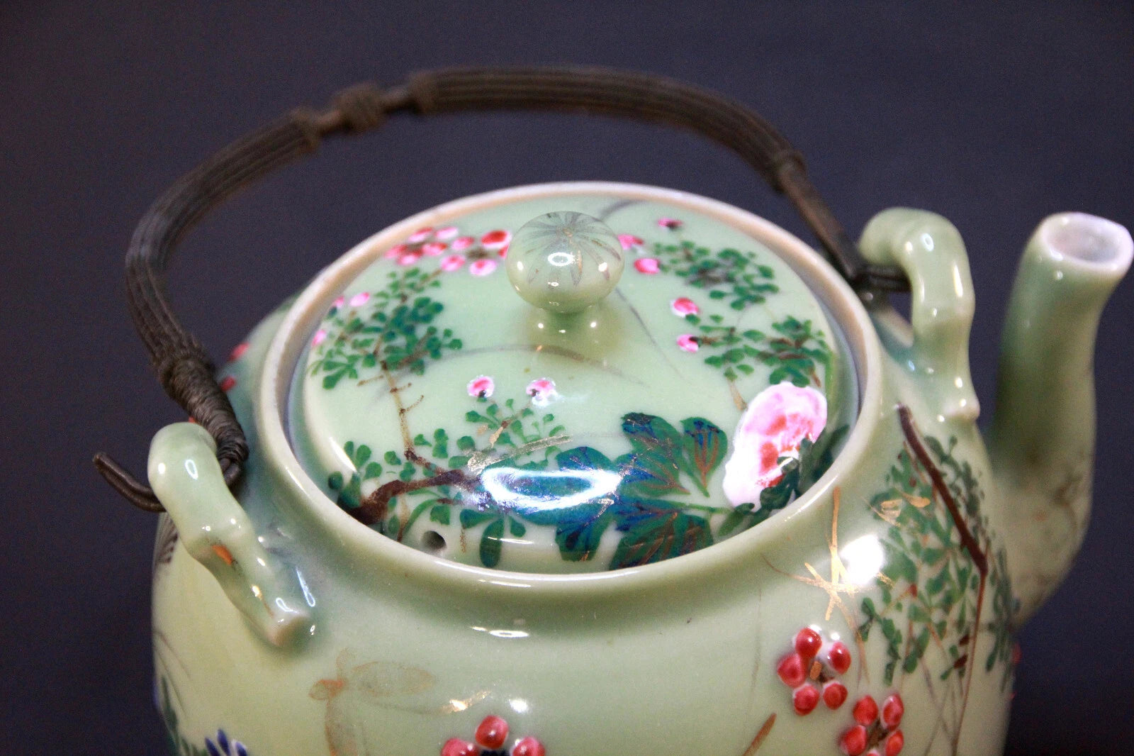 ANTIQUE JAPANESE SETO CELADON TEAPOT with HAND PAINTED ENAMEL FLOWERS MEIJI | eBay