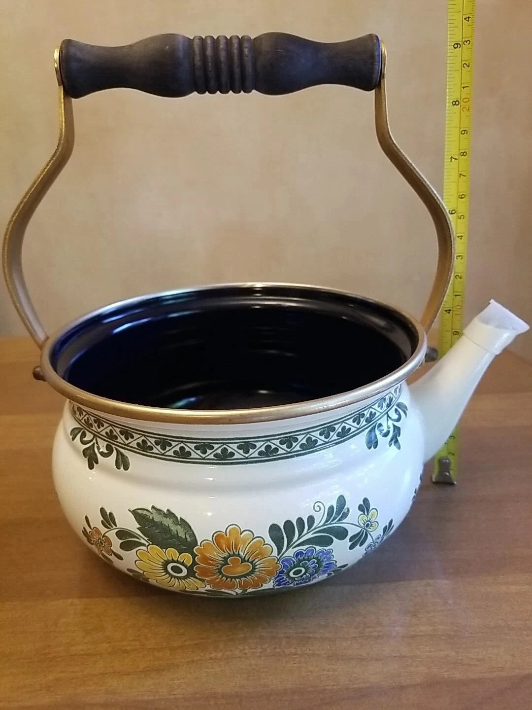 ASTA Enamelware Tea Kettle Teapot Brass Handles Floral Vintage UNUSED Germany | eBay