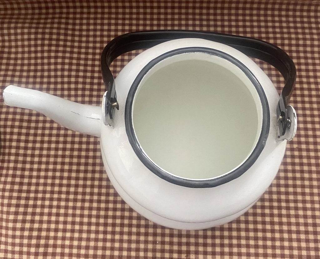 EMAILUL White w/black Enamel Gooseneck Farmhouse Teapot Kettle Made In Romania | eBay