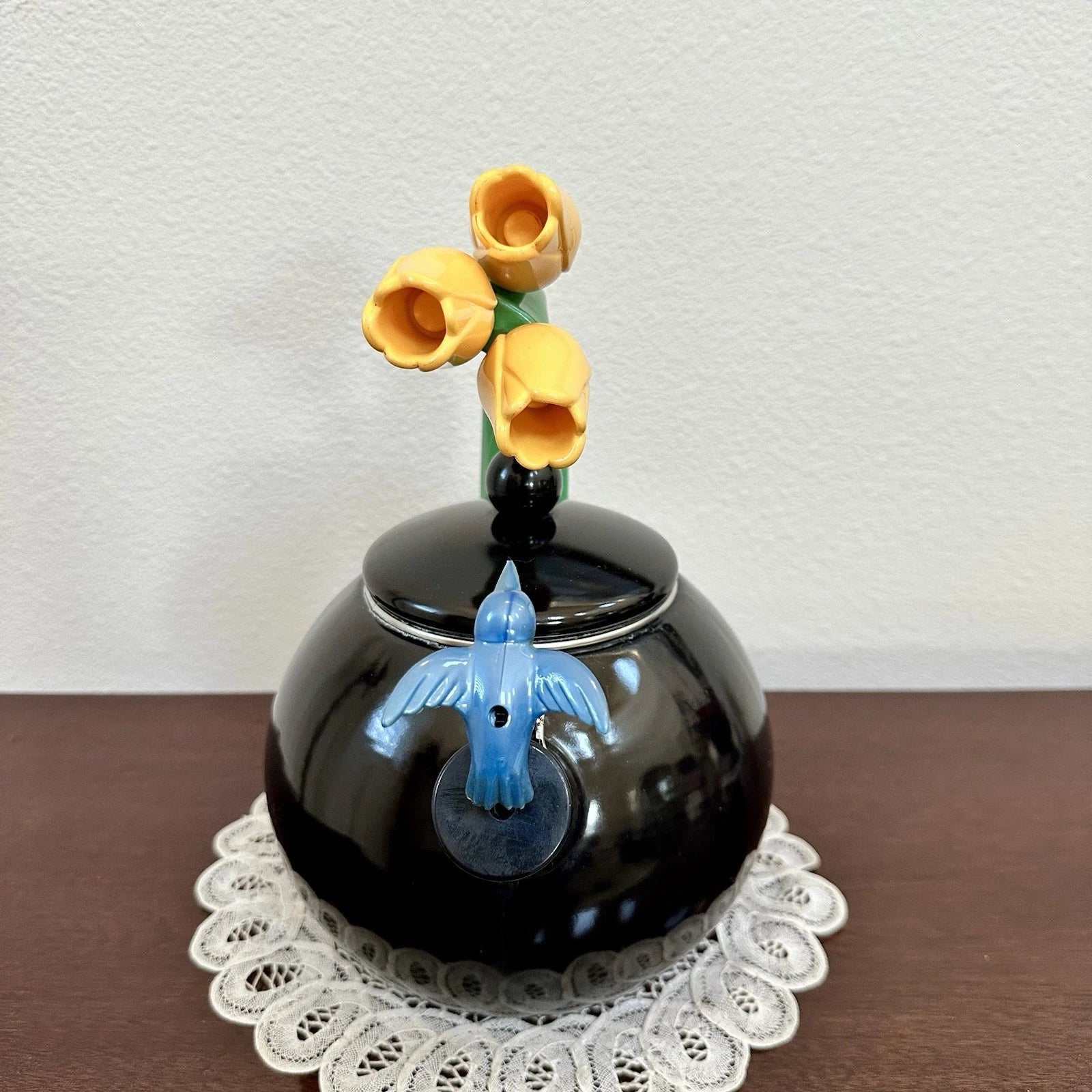 Vintage Ancona RARE Black Enamel Whistling Tea Kettle Tulip & Hummingbird 90s | eBay