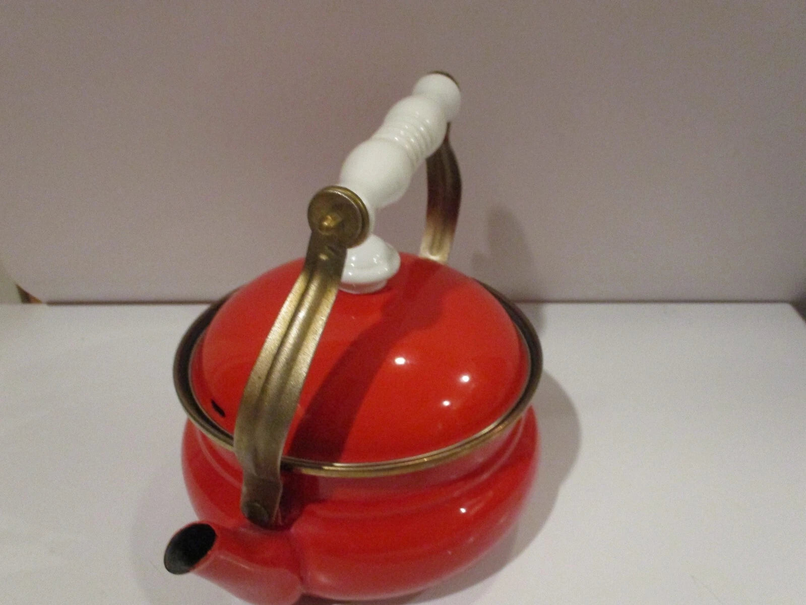 Vintage Bright Red Enamel Tea Pot Kettle w White Wooden Handle Brass fittings | eBay