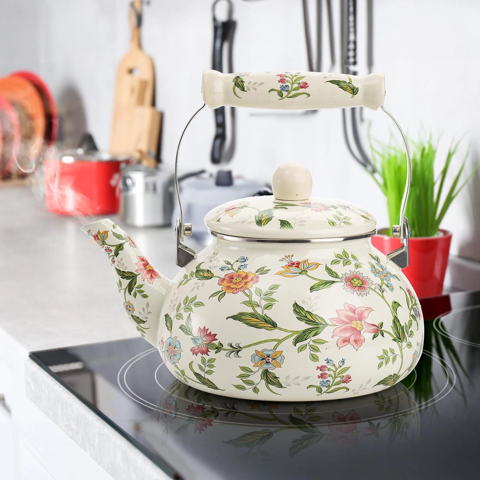 2.6 Quart Vintage Enamel Tea Kettle Green Floral Enamel On Steel Teapot With Coo | eBay