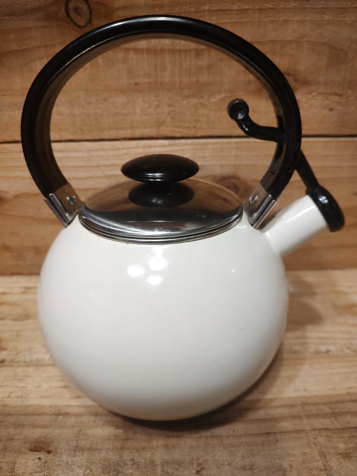 Enamel Teapot Kettle, Beige Black Handle Silver Lid | eBay