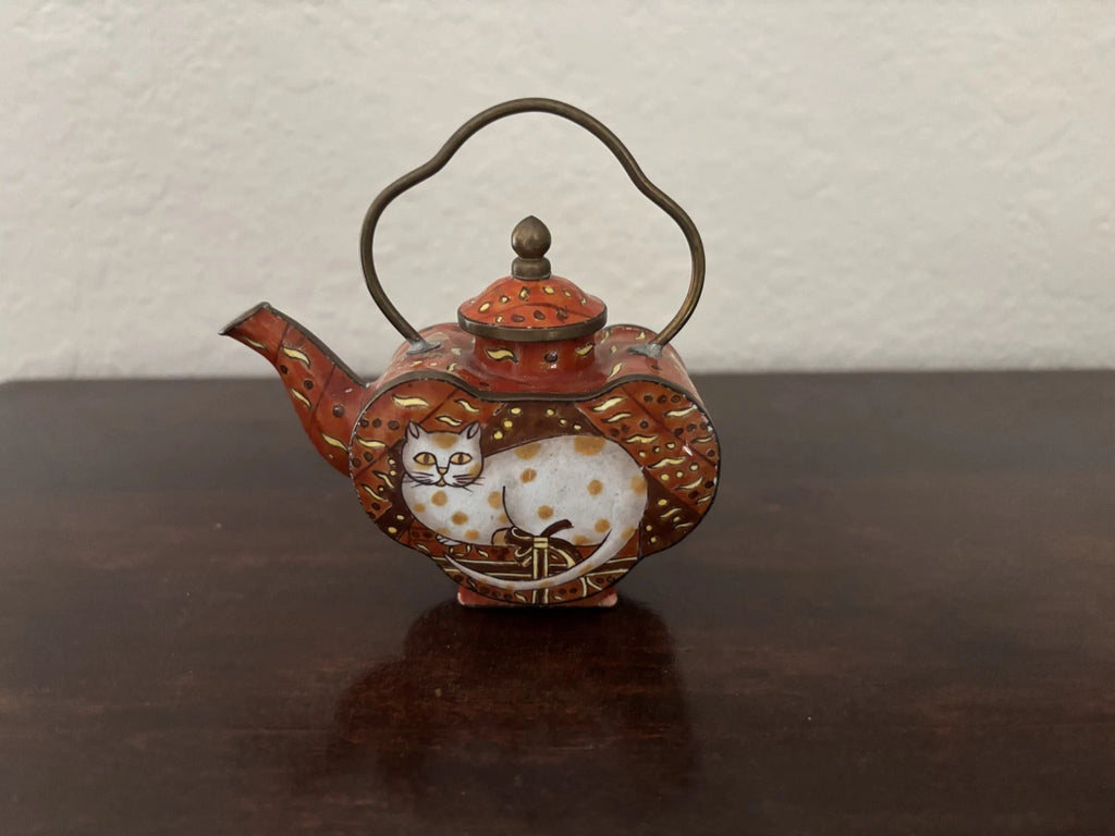 Miniature Enamel Teapot White Cat on Red Background | eBay