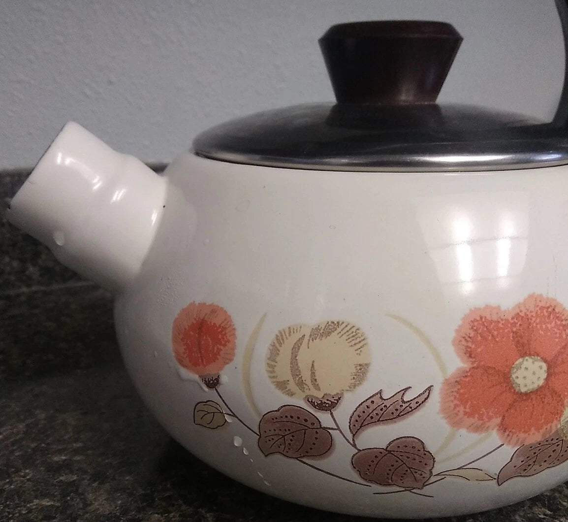 Vintage 70's MCM Floral Porcelain Enamel Steel Kettle Tea Pot-LOOK | eBay