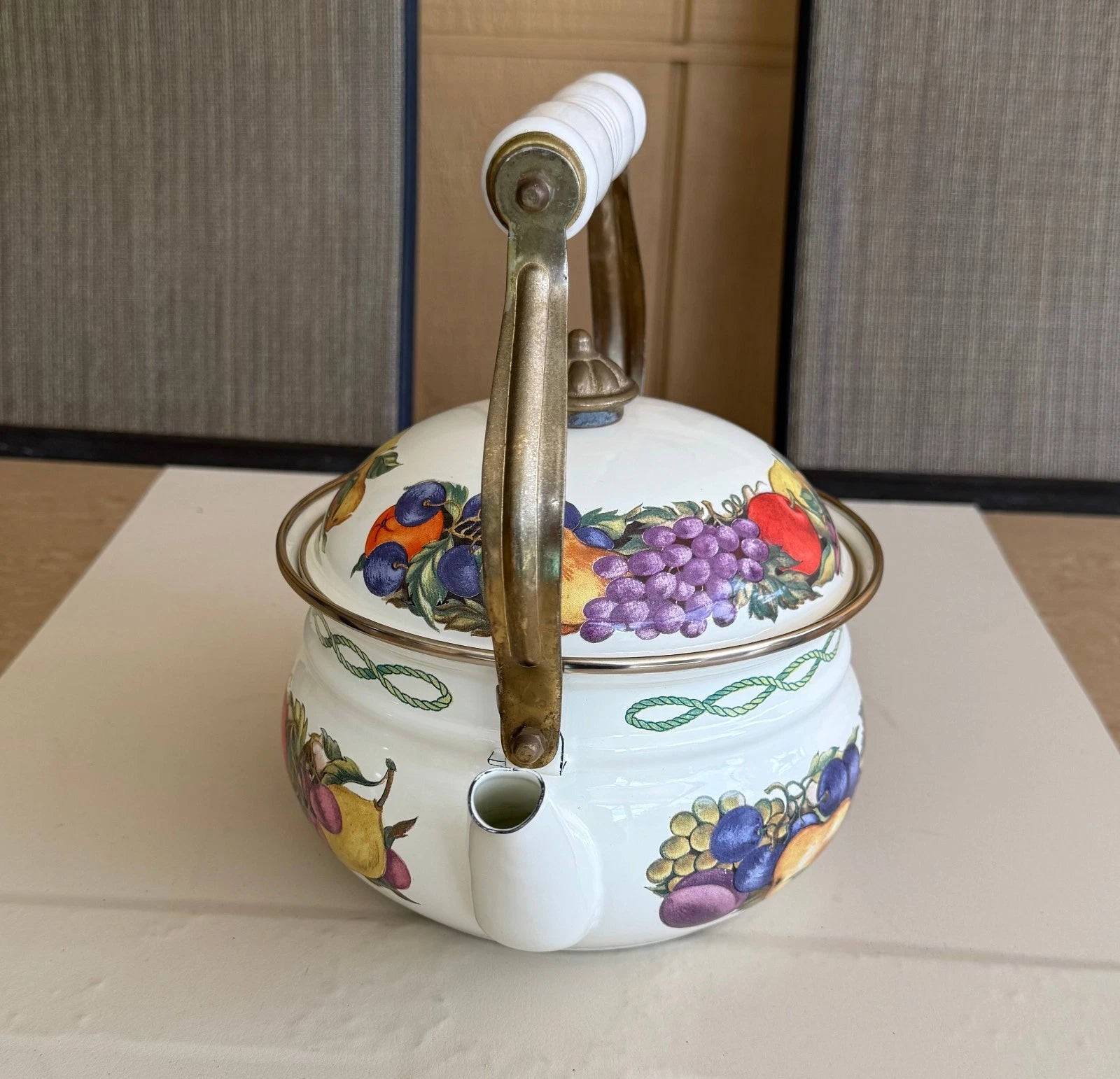 CORNUCOPIA DECORATIVE ENAMEL COATED TEA POT FRUIT DESIGN BRASS & CERAMIC HANDLE | eBay