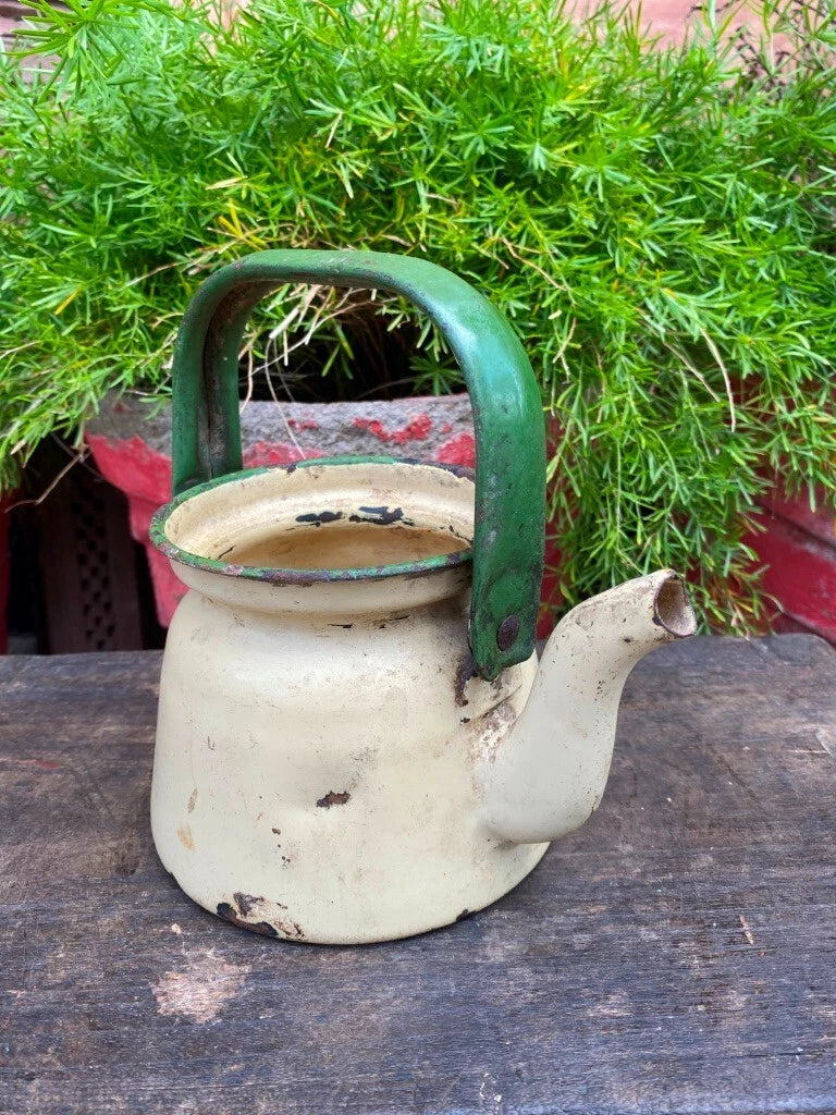 Antique Old Cream Gree Rustic Enamel Porcelain Teapot Tea Kettle | eBay