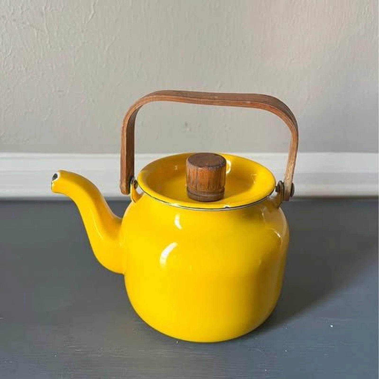 Vintage MCM Yellow Enamel Teapot with Teak Handle and Knob | eBay