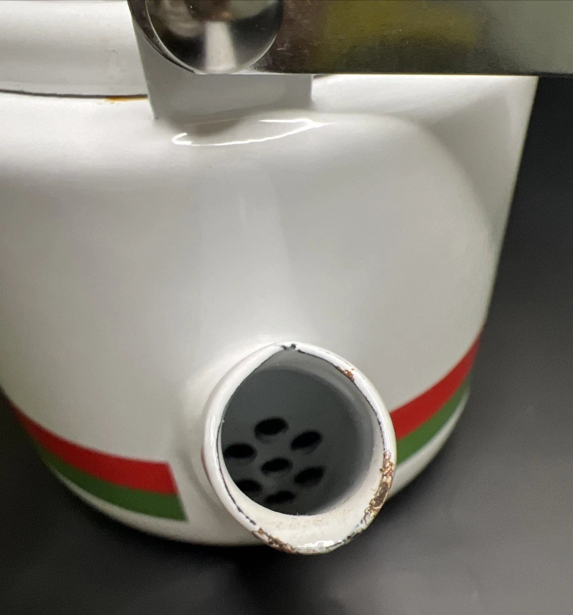 Vintage Japan White Enamel Teapot Kettle Red/Green Stripes Wooden Knob Handle | eBay